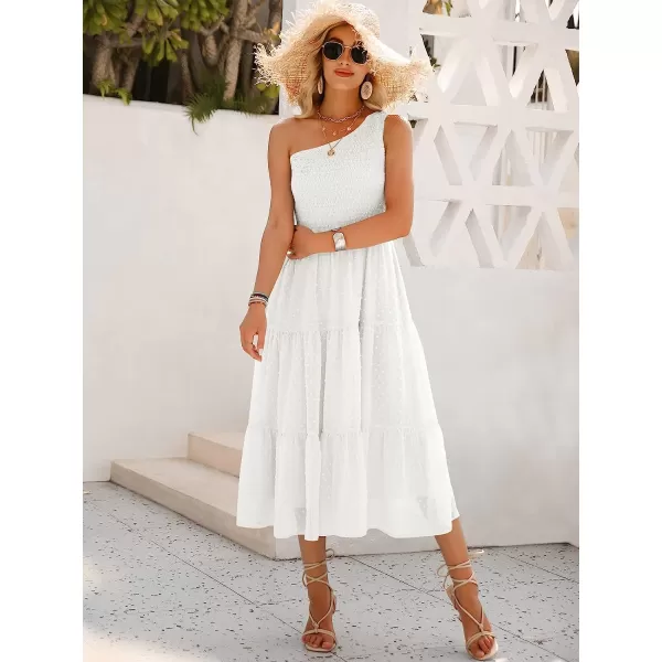 imageANRABESS Womens Summer One Shoulder Sundress Sleeveless Swiss Dot Smocked Flowy Tiered Beach Long DressWihte