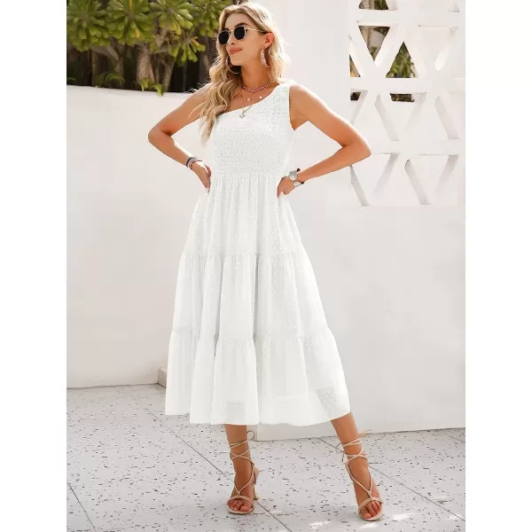 imageANRABESS Womens Summer One Shoulder Sundress Sleeveless Swiss Dot Smocked Flowy Tiered Beach Long DressWihte