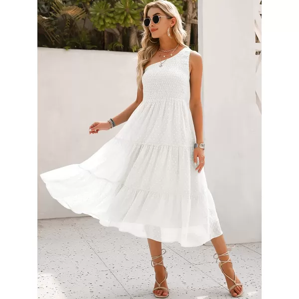 imageANRABESS Womens Summer One Shoulder Sundress Sleeveless Swiss Dot Smocked Flowy Tiered Beach Long DressWihte