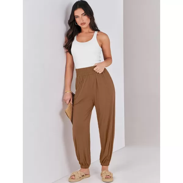 imageANRABESS Womens Summer Palazzo Pants Casual Loose Elastic High Waist Lounge Baggy Joggers Trousers with PocketsBrown