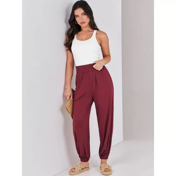 imageANRABESS Womens Summer Palazzo Pants Casual Loose Elastic High Waist Lounge Baggy Joggers Trousers with PocketsClaretred