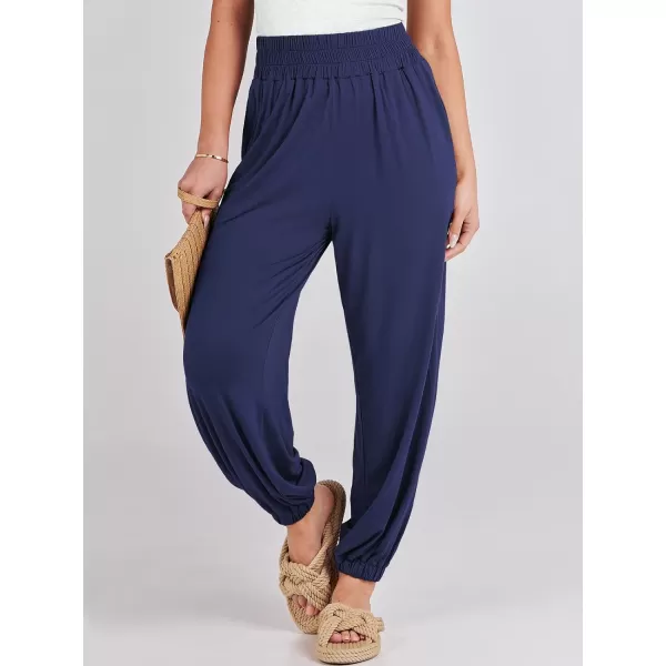 imageANRABESS Womens Summer Palazzo Pants Casual Loose Elastic High Waist Lounge Baggy Joggers Trousers with PocketsNavy Blue