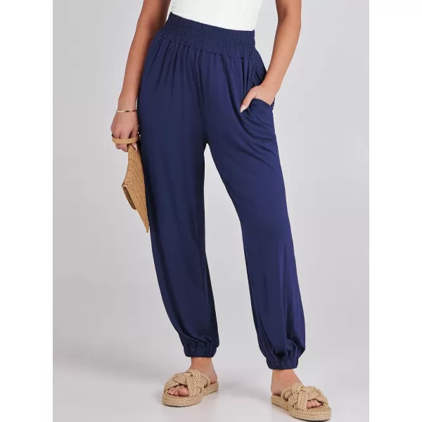 imageANRABESS Womens Summer Palazzo Pants Casual Loose Elastic High Waist Lounge Baggy Joggers Trousers with PocketsNavy Blue