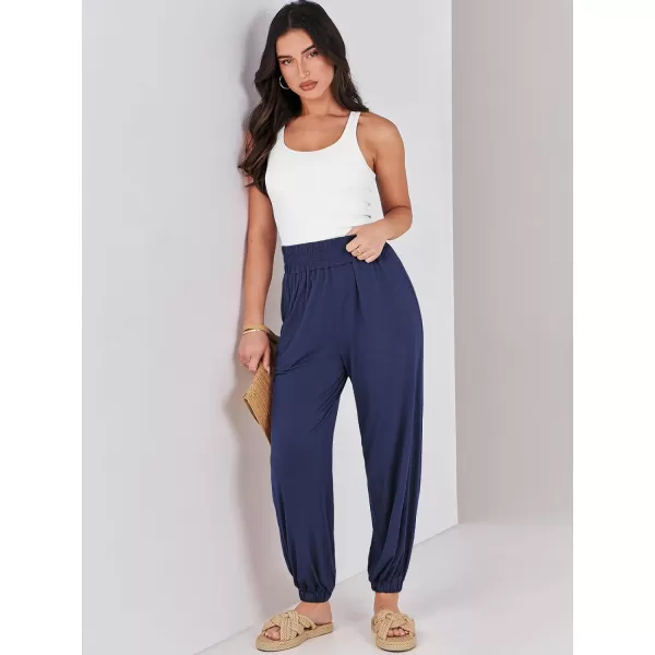 imageANRABESS Womens Summer Palazzo Pants Casual Loose Elastic High Waist Lounge Baggy Joggers Trousers with PocketsNavy Blue