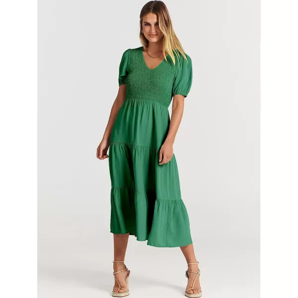 imageANRABESS Womens Summer Puff Short Sleeve V Neck Smocked Tiered Swing A Line Beach Midi Dress with PocketsArmy Green