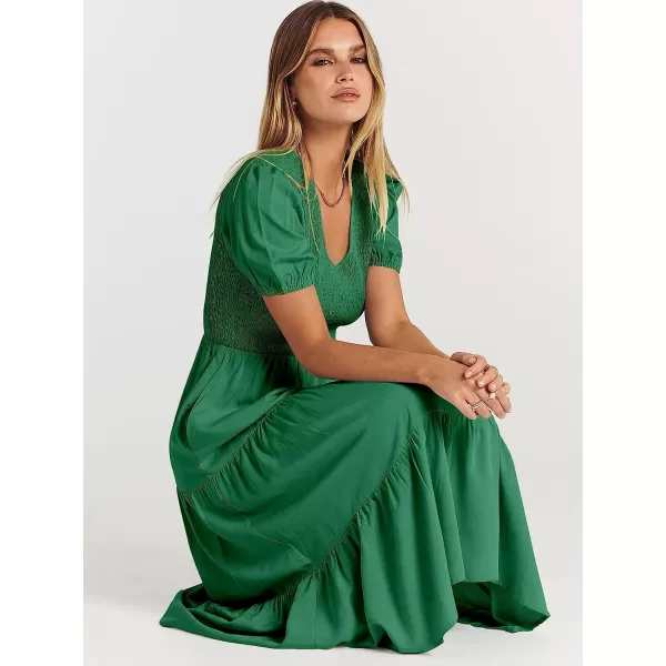 imageANRABESS Womens Summer Puff Short Sleeve V Neck Smocked Tiered Swing A Line Beach Midi Dress with PocketsArmy Green