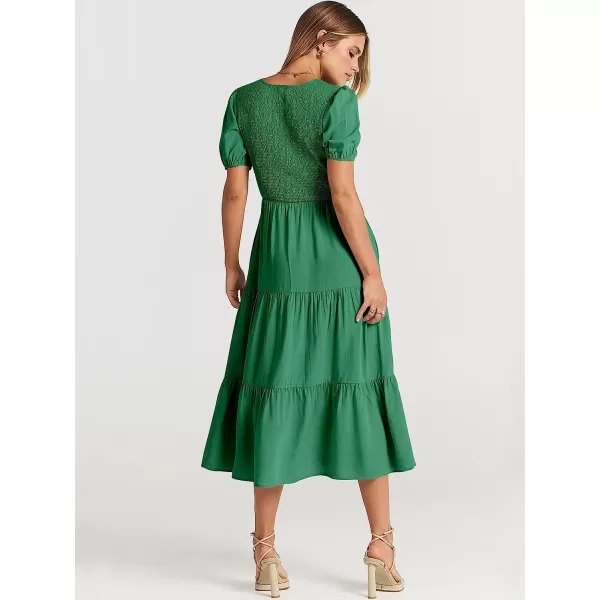 imageANRABESS Womens Summer Puff Short Sleeve V Neck Smocked Tiered Swing A Line Beach Midi Dress with PocketsArmy Green