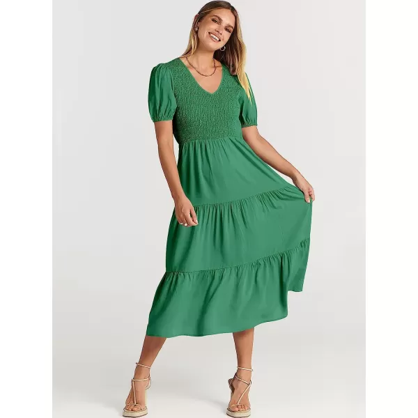 imageANRABESS Womens Summer Puff Short Sleeve V Neck Smocked Tiered Swing A Line Beach Midi Dress with PocketsArmy Green