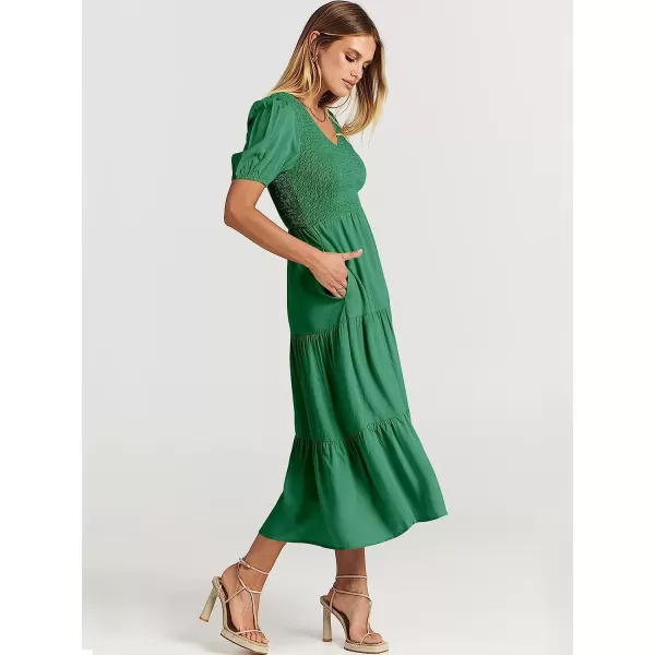 imageANRABESS Womens Summer Puff Short Sleeve V Neck Smocked Tiered Swing A Line Beach Midi Dress with PocketsArmy Green