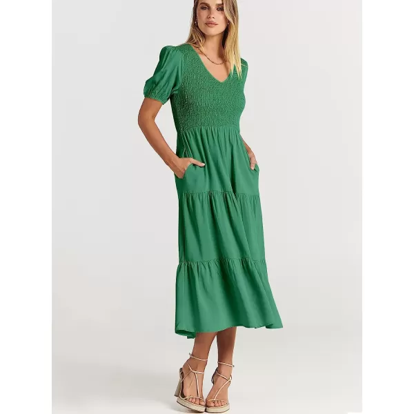 imageANRABESS Womens Summer Puff Short Sleeve V Neck Smocked Tiered Swing A Line Beach Midi Dress with PocketsArmy Green