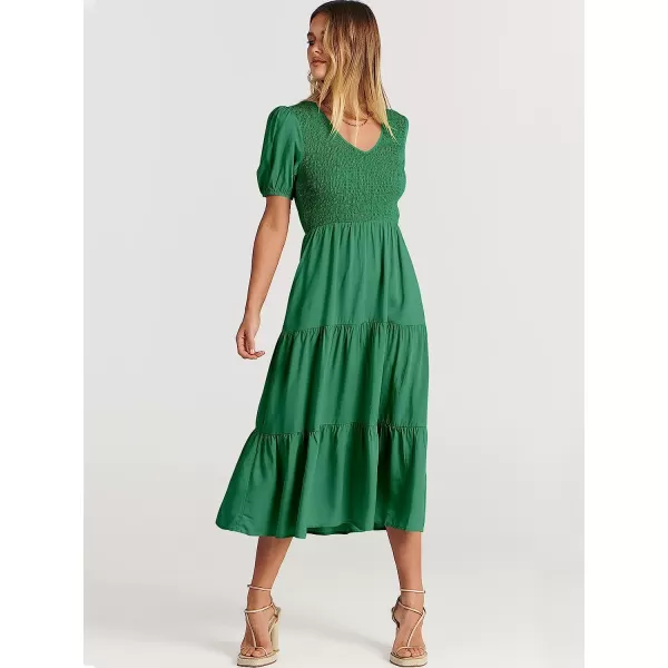 imageANRABESS Womens Summer Puff Short Sleeve V Neck Smocked Tiered Swing A Line Beach Midi Dress with PocketsArmy Green