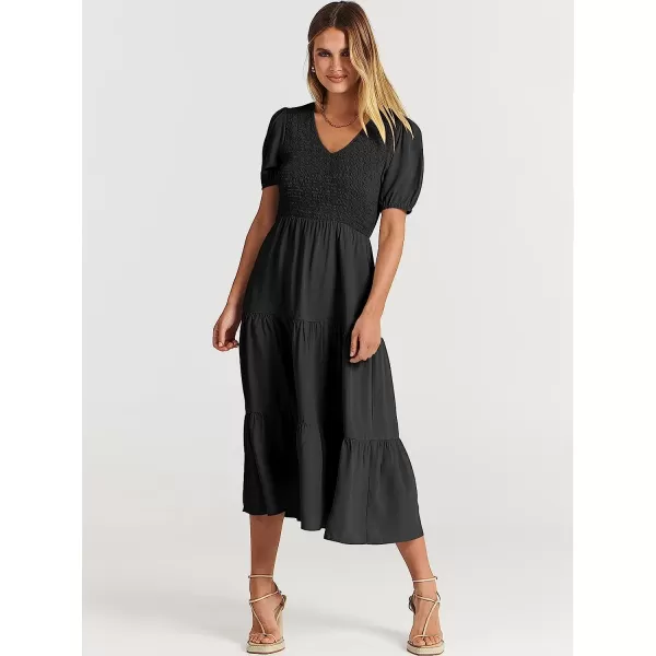 imageANRABESS Womens Summer Puff Short Sleeve V Neck Smocked Tiered Swing A Line Beach Midi Dress with PocketsBlack