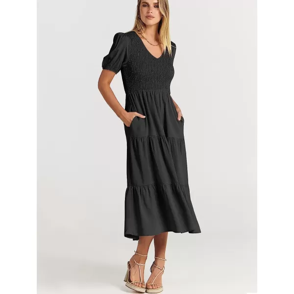 imageANRABESS Womens Summer Puff Short Sleeve V Neck Smocked Tiered Swing A Line Beach Midi Dress with PocketsBlack