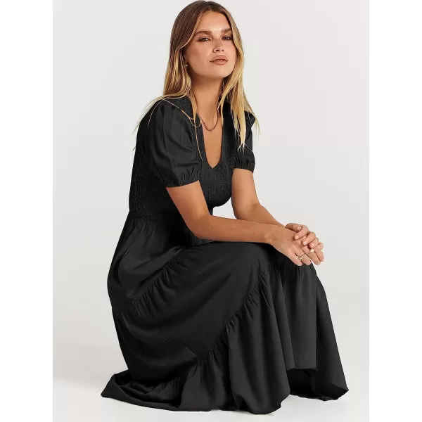 imageANRABESS Womens Summer Puff Short Sleeve V Neck Smocked Tiered Swing A Line Beach Midi Dress with PocketsBlack