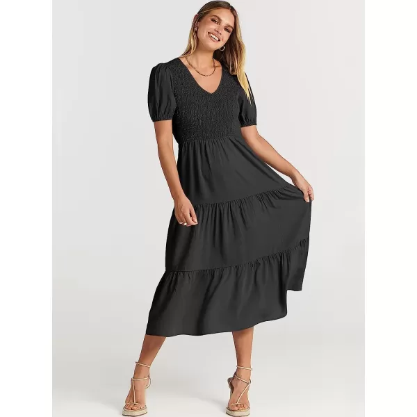 imageANRABESS Womens Summer Puff Short Sleeve V Neck Smocked Tiered Swing A Line Beach Midi Dress with PocketsBlack