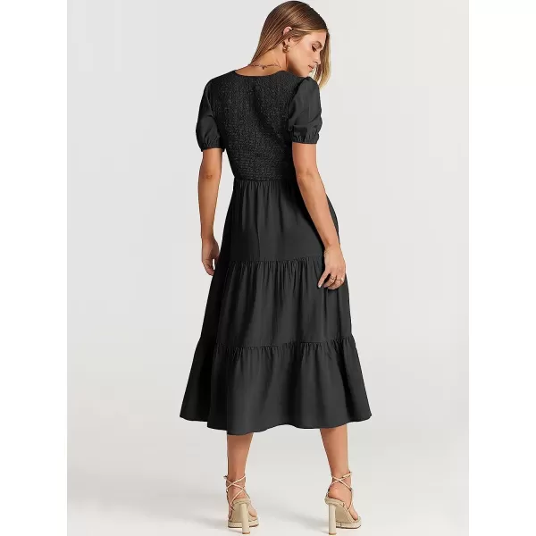 imageANRABESS Womens Summer Puff Short Sleeve V Neck Smocked Tiered Swing A Line Beach Midi Dress with PocketsBlack