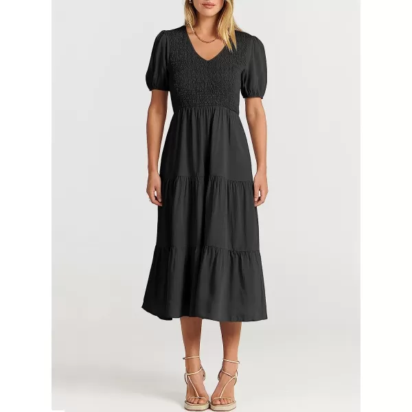 imageANRABESS Womens Summer Puff Short Sleeve V Neck Smocked Tiered Swing A Line Beach Midi Dress with PocketsBlack