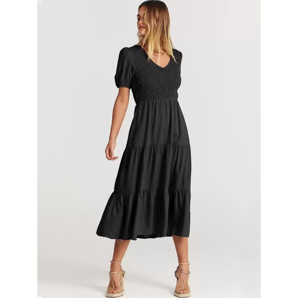 imageANRABESS Womens Summer Puff Short Sleeve V Neck Smocked Tiered Swing A Line Beach Midi Dress with PocketsBlack