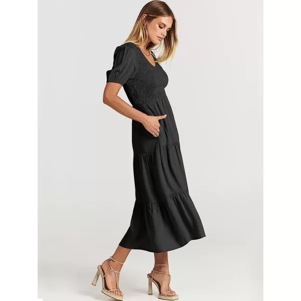imageANRABESS Womens Summer Puff Short Sleeve V Neck Smocked Tiered Swing A Line Beach Midi Dress with PocketsBlack
