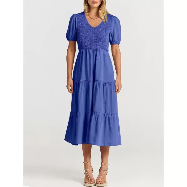 imageANRABESS Womens Summer Puff Short Sleeve V Neck Smocked Tiered Swing A Line Beach Midi Dress with PocketsBlue