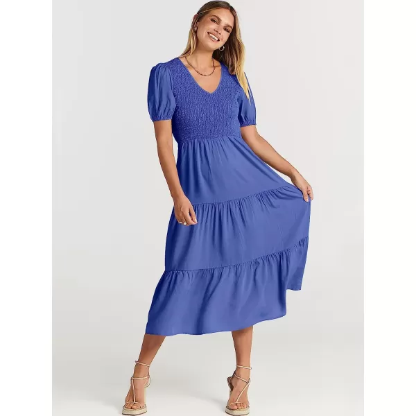 imageANRABESS Womens Summer Puff Short Sleeve V Neck Smocked Tiered Swing A Line Beach Midi Dress with PocketsBlue