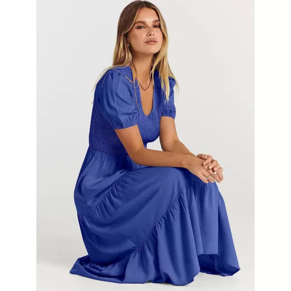 imageANRABESS Womens Summer Puff Short Sleeve V Neck Smocked Tiered Swing A Line Beach Midi Dress with PocketsBlue