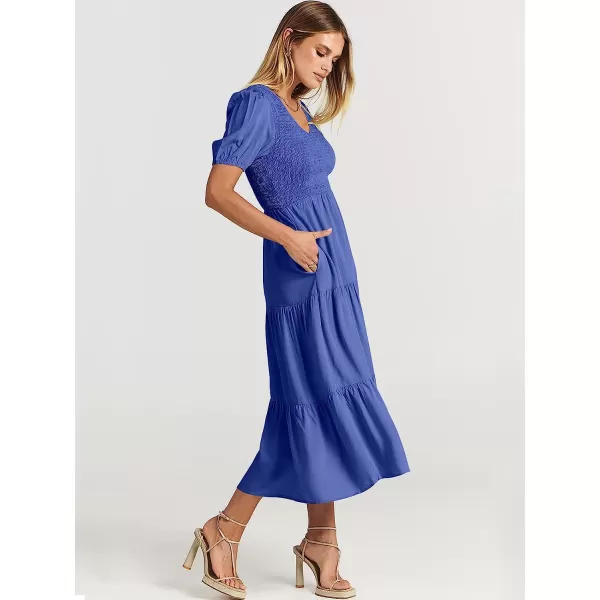 imageANRABESS Womens Summer Puff Short Sleeve V Neck Smocked Tiered Swing A Line Beach Midi Dress with PocketsBlue