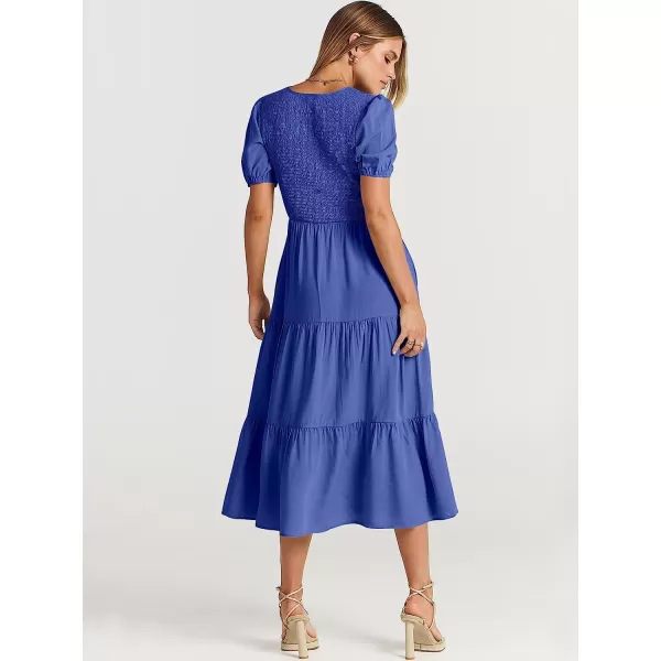 imageANRABESS Womens Summer Puff Short Sleeve V Neck Smocked Tiered Swing A Line Beach Midi Dress with PocketsBlue