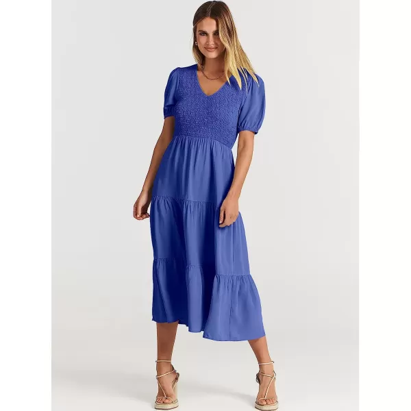 imageANRABESS Womens Summer Puff Short Sleeve V Neck Smocked Tiered Swing A Line Beach Midi Dress with PocketsBlue