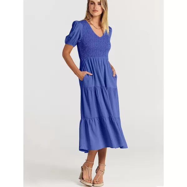 imageANRABESS Womens Summer Puff Short Sleeve V Neck Smocked Tiered Swing A Line Beach Midi Dress with PocketsBlue