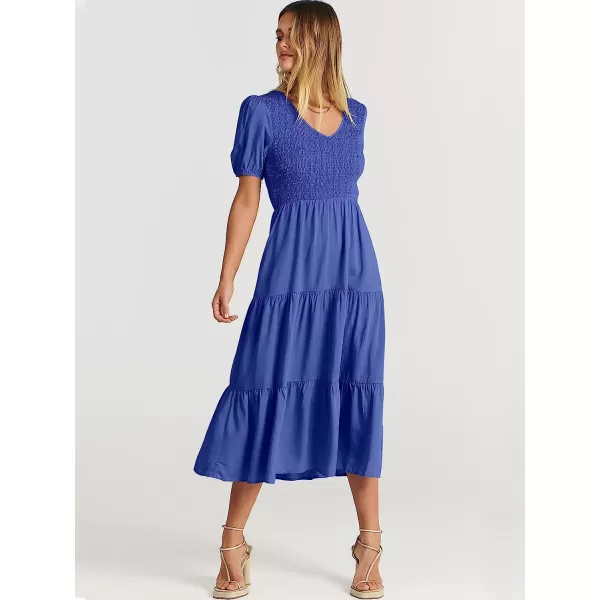 imageANRABESS Womens Summer Puff Short Sleeve V Neck Smocked Tiered Swing A Line Beach Midi Dress with PocketsBlue