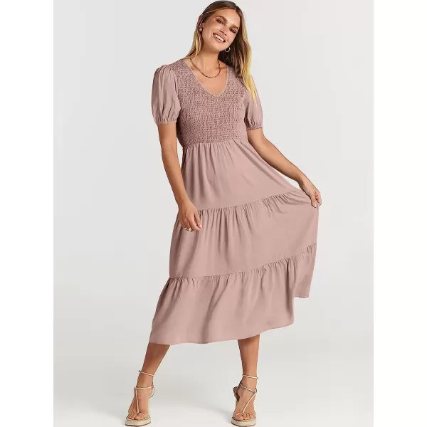 imageANRABESS Womens Summer Puff Short Sleeve V Neck Smocked Tiered Swing A Line Beach Midi Dress with PocketsGray