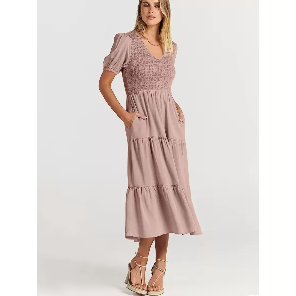 imageANRABESS Womens Summer Puff Short Sleeve V Neck Smocked Tiered Swing A Line Beach Midi Dress with PocketsGray