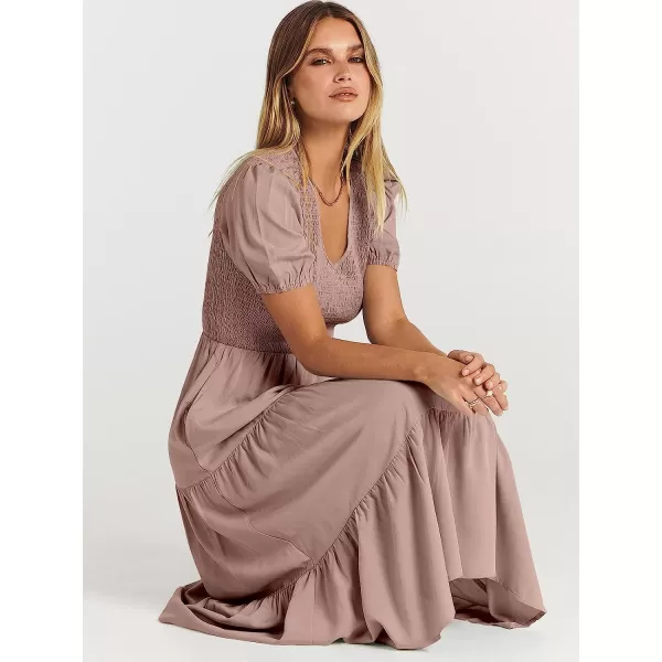 imageANRABESS Womens Summer Puff Short Sleeve V Neck Smocked Tiered Swing A Line Beach Midi Dress with PocketsGray