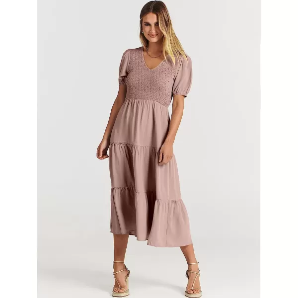imageANRABESS Womens Summer Puff Short Sleeve V Neck Smocked Tiered Swing A Line Beach Midi Dress with PocketsGray