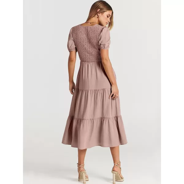 imageANRABESS Womens Summer Puff Short Sleeve V Neck Smocked Tiered Swing A Line Beach Midi Dress with PocketsGray