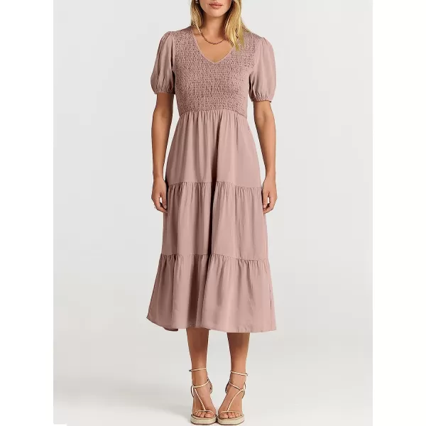 imageANRABESS Womens Summer Puff Short Sleeve V Neck Smocked Tiered Swing A Line Beach Midi Dress with PocketsGray