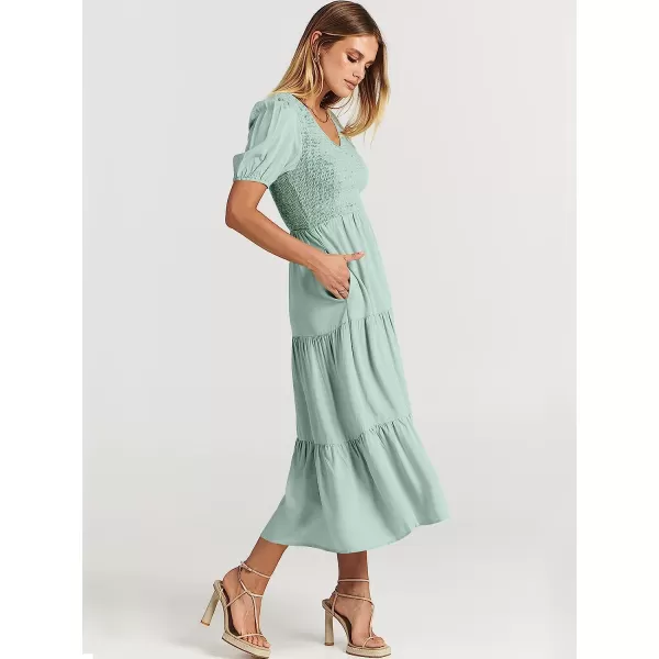 imageANRABESS Womens Summer Puff Short Sleeve V Neck Smocked Tiered Swing A Line Beach Midi Dress with PocketsGreen
