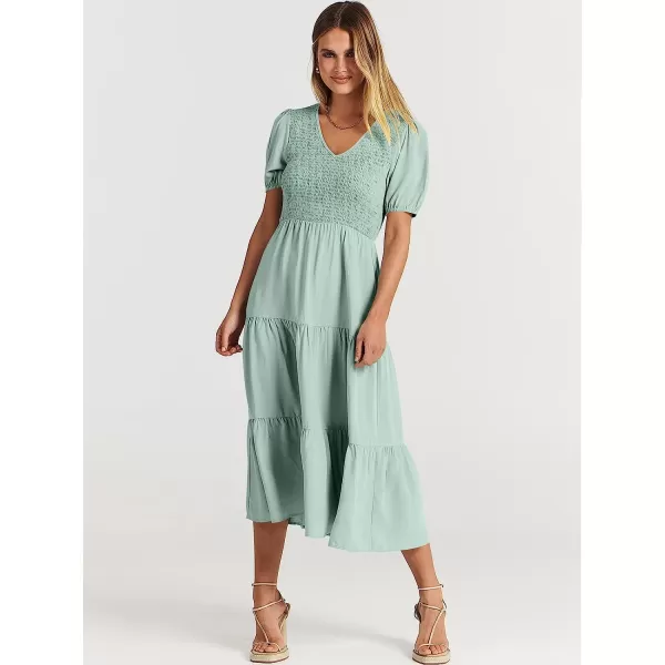 imageANRABESS Womens Summer Puff Short Sleeve V Neck Smocked Tiered Swing A Line Beach Midi Dress with PocketsGreen