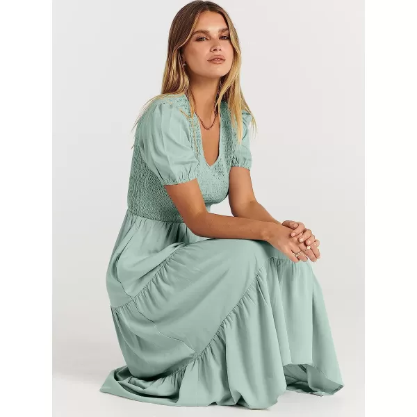 imageANRABESS Womens Summer Puff Short Sleeve V Neck Smocked Tiered Swing A Line Beach Midi Dress with PocketsGreen