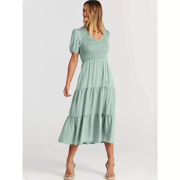 imageANRABESS Womens Summer Puff Short Sleeve V Neck Smocked Tiered Swing A Line Beach Midi Dress with PocketsGreen