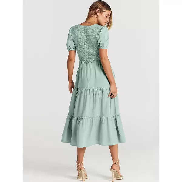 imageANRABESS Womens Summer Puff Short Sleeve V Neck Smocked Tiered Swing A Line Beach Midi Dress with PocketsGreen