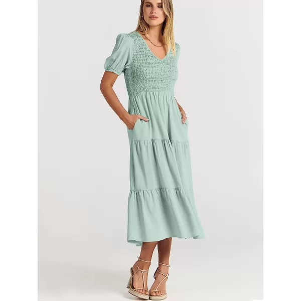 imageANRABESS Womens Summer Puff Short Sleeve V Neck Smocked Tiered Swing A Line Beach Midi Dress with PocketsGreen