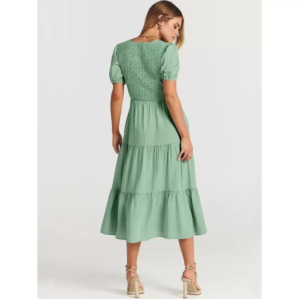 imageANRABESS Womens Summer Puff Short Sleeve V Neck Smocked Tiered Swing A Line Beach Midi Dress with PocketsLake