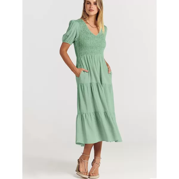 imageANRABESS Womens Summer Puff Short Sleeve V Neck Smocked Tiered Swing A Line Beach Midi Dress with PocketsLake
