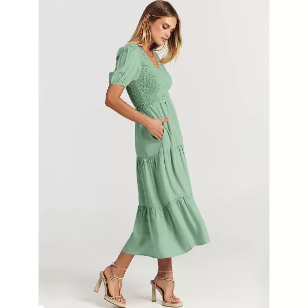 imageANRABESS Womens Summer Puff Short Sleeve V Neck Smocked Tiered Swing A Line Beach Midi Dress with PocketsLake