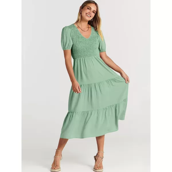 imageANRABESS Womens Summer Puff Short Sleeve V Neck Smocked Tiered Swing A Line Beach Midi Dress with PocketsLake