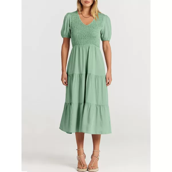imageANRABESS Womens Summer Puff Short Sleeve V Neck Smocked Tiered Swing A Line Beach Midi Dress with PocketsLake