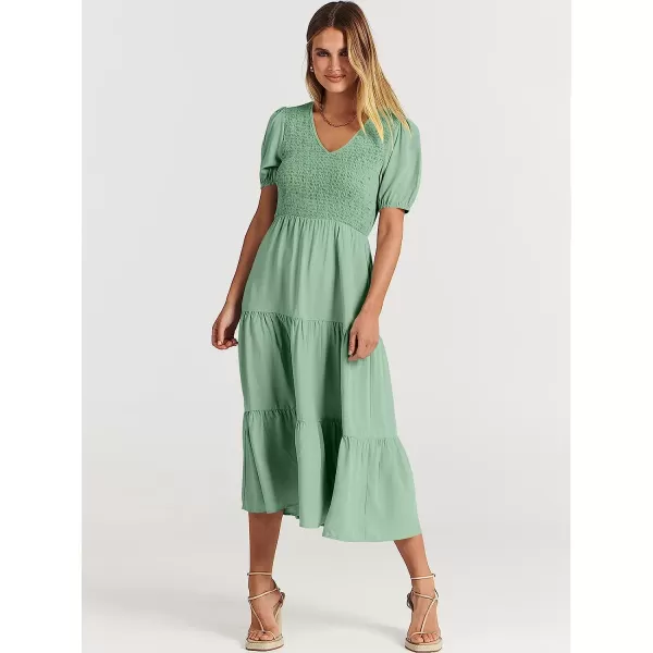 imageANRABESS Womens Summer Puff Short Sleeve V Neck Smocked Tiered Swing A Line Beach Midi Dress with PocketsLake