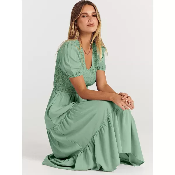 imageANRABESS Womens Summer Puff Short Sleeve V Neck Smocked Tiered Swing A Line Beach Midi Dress with PocketsLake